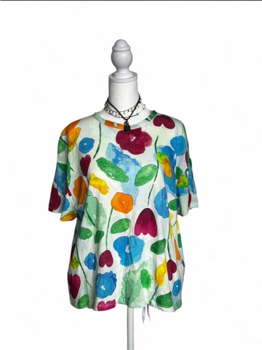 Zara Short Sleeve Floral Watercolor Tee - White with Red, Blue, Green, Yellow